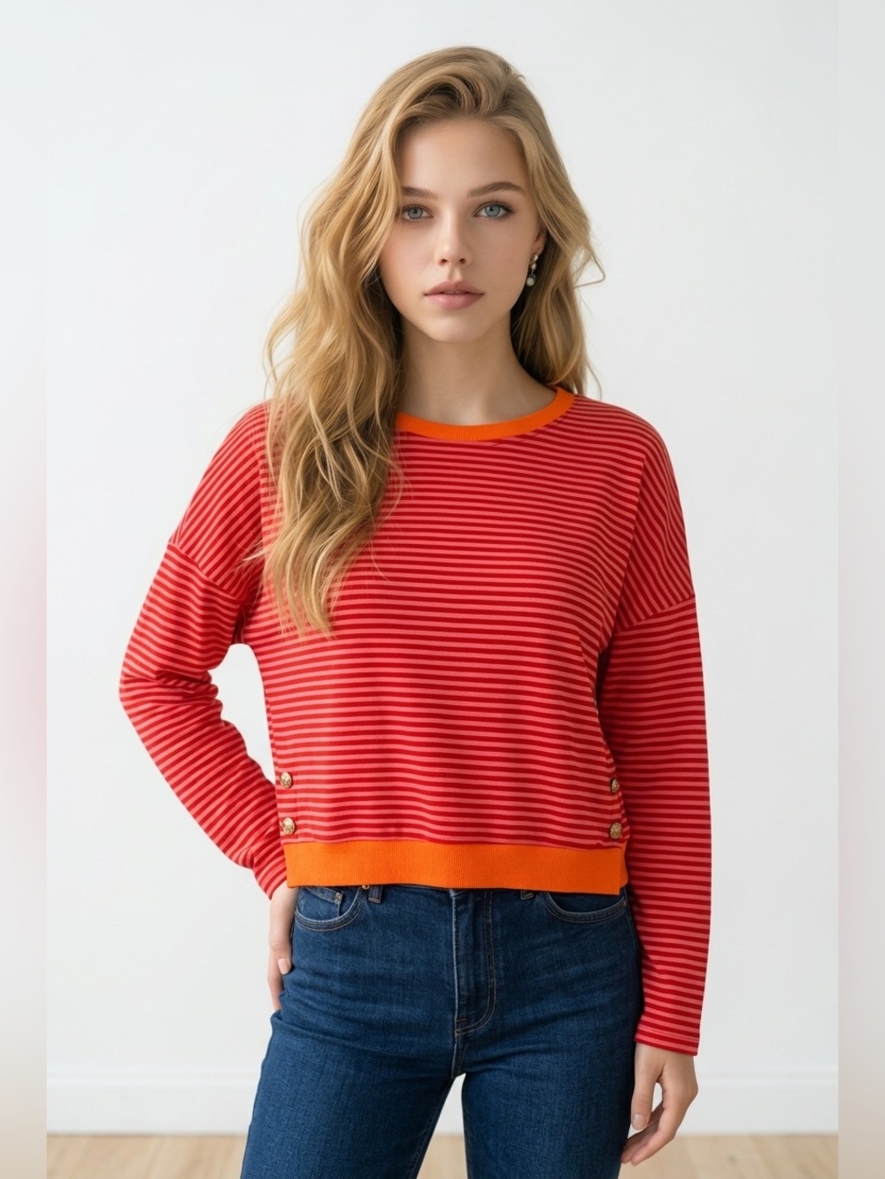 Ombre Red Striped Drop Shoulder Top Side Buttons Loose Fit Womens Medium NWOT